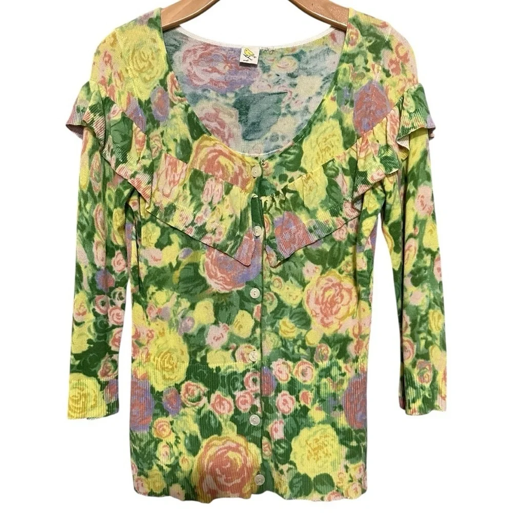 Anthropologie Yellow Bird Women’s S Colored Pencil Yellow Green Floral Cardigan - Picture 4 of 10
